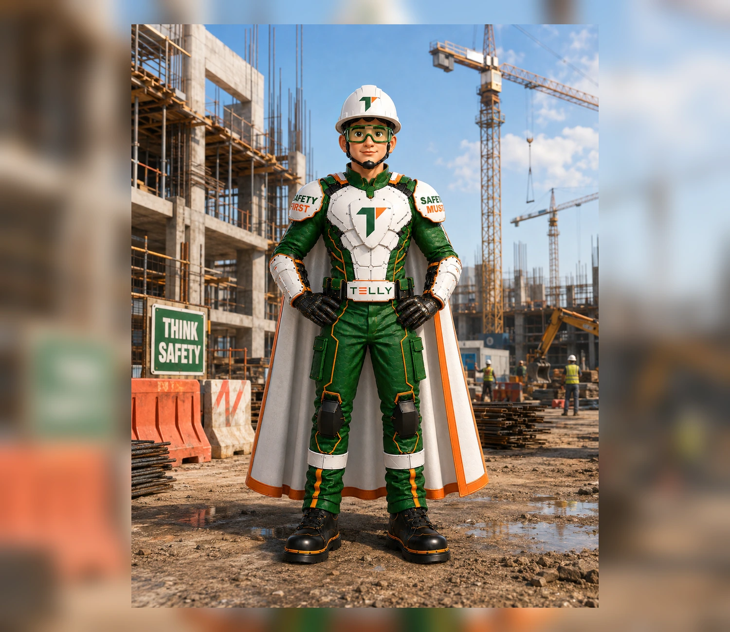 Telly Safety mascot character at a construction site